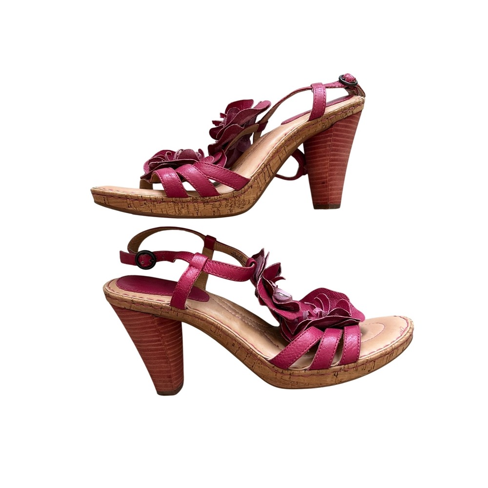 Sandals Floral Y2K Born Crown Womens 10 Magenta Leather 3D Flower Heel W51912 - Picture 4 of 8
